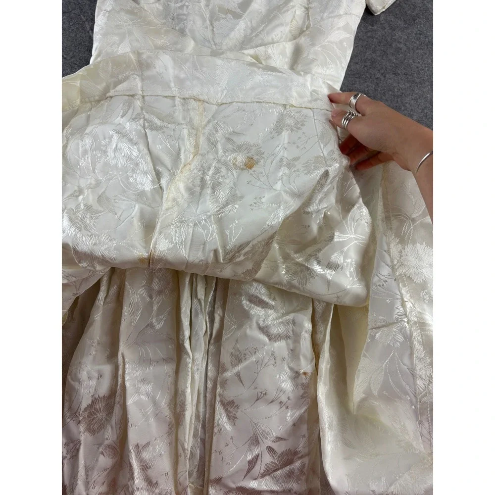 VTG Handmade Cream Jacquard Floral Cummerbund Mini Dress XS? Wedding Chic Preppy